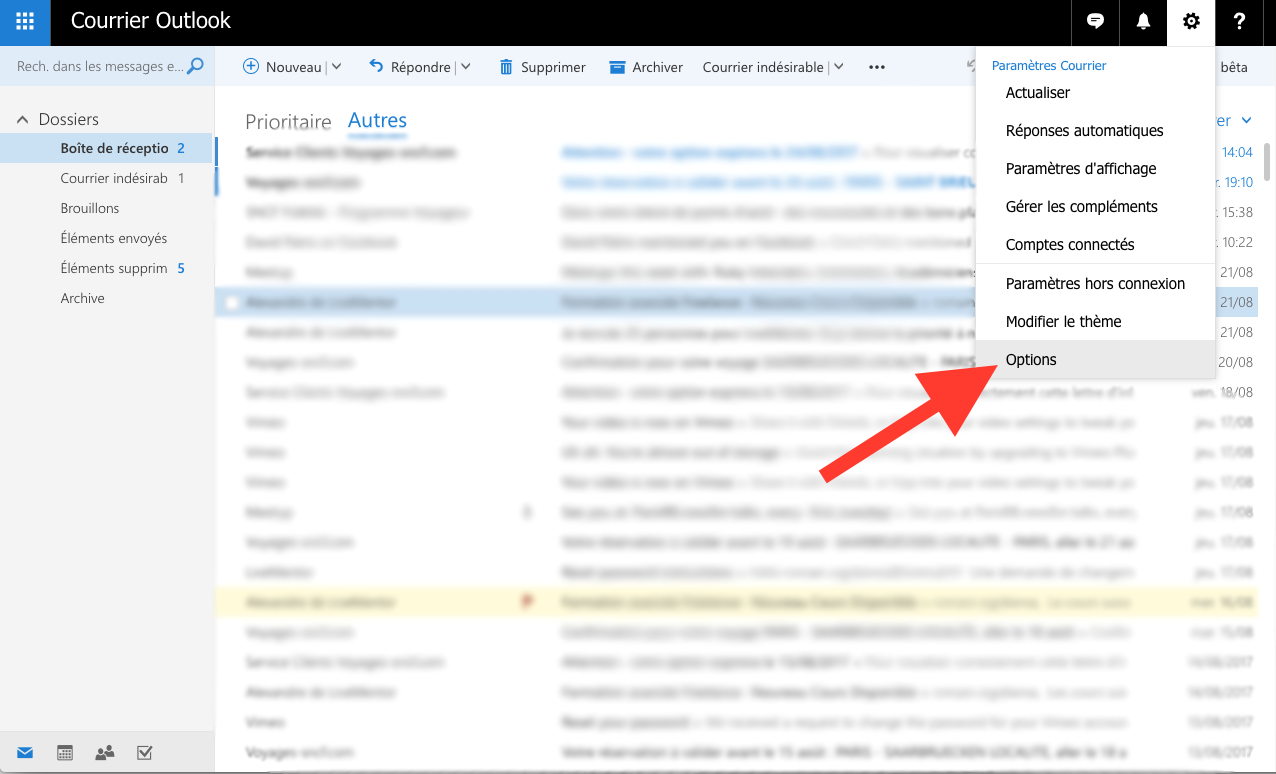 screenshot du navigateur mail outlook