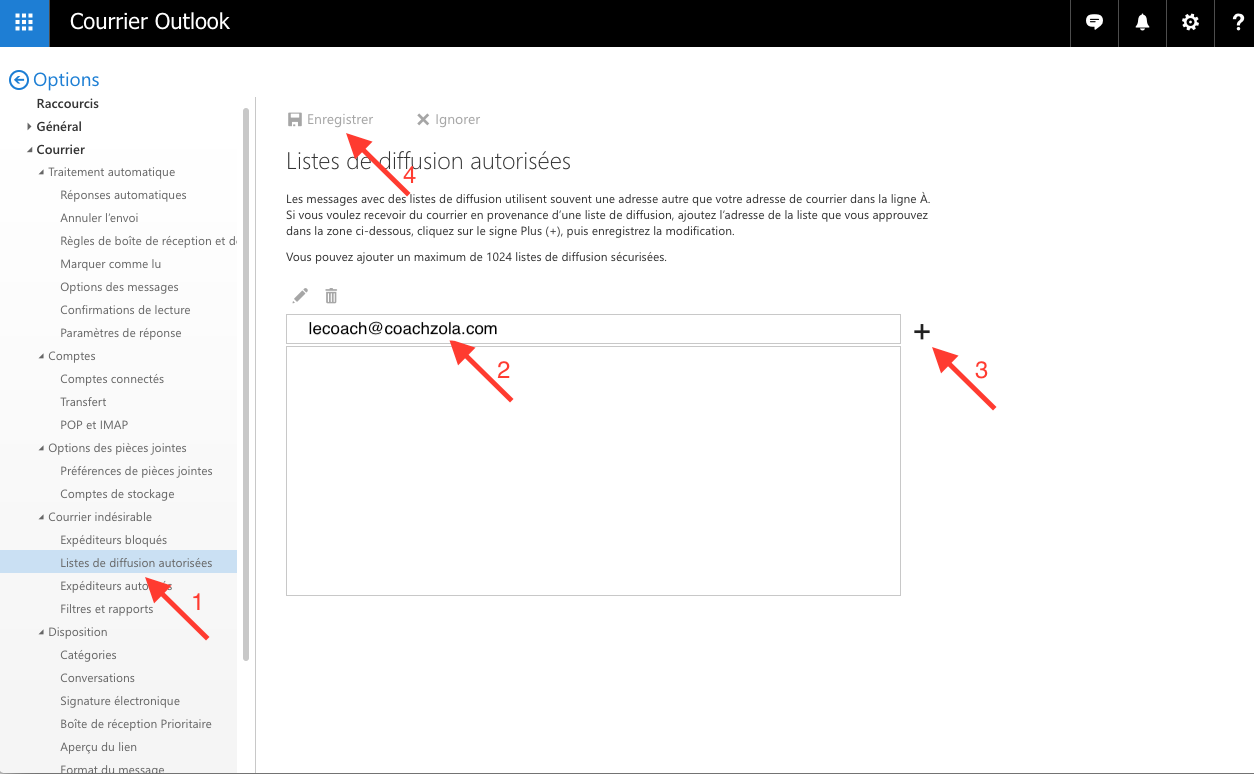 screenshot du navigateur mail outlook